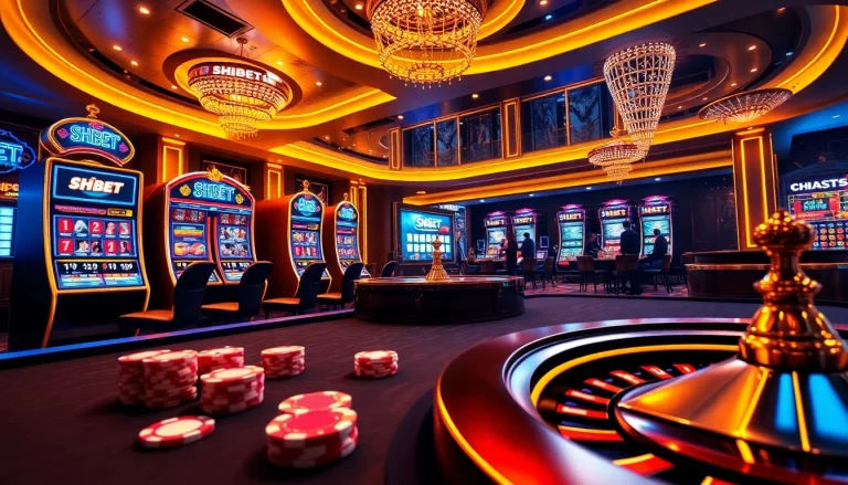Experience the excitement of SHBET online casino with vibrant gaming tables and modern slot machines.