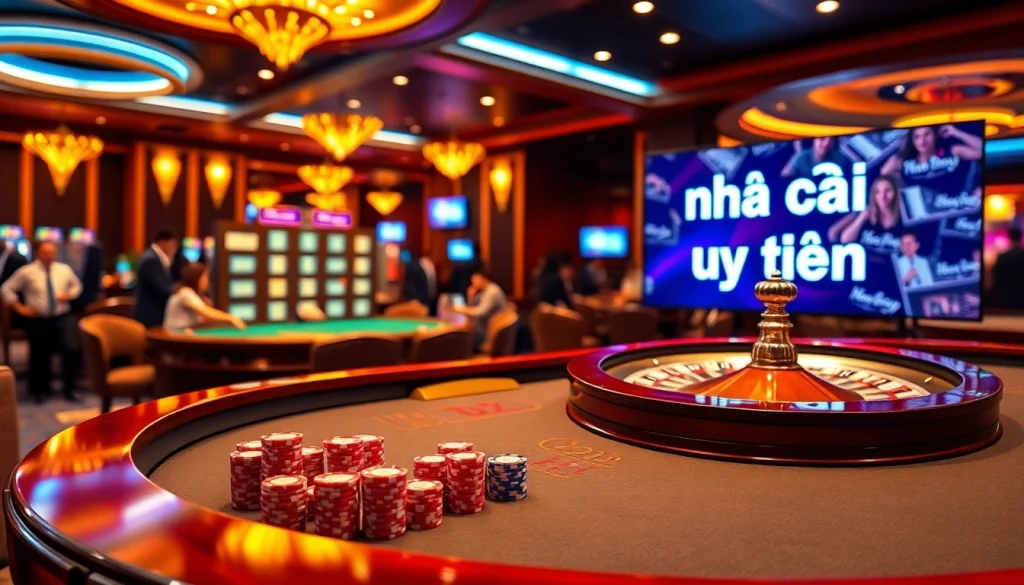 Experience the thrill of online gambling with a vibrant casino scene showcasing nhà cái uy tín and elegant gaming.