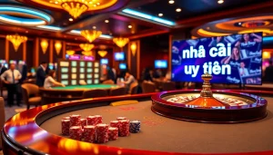 Experience the thrill of online gambling with a vibrant casino scene showcasing nhà cái uy tín and elegant gaming.