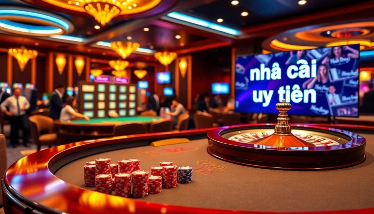 Experience the thrill of online gambling with a vibrant casino scene showcasing nhà cái uy tín and elegant gaming.
