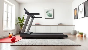 Home treadmill manufacturer showcased in a modern home gym with vibrant accessories.