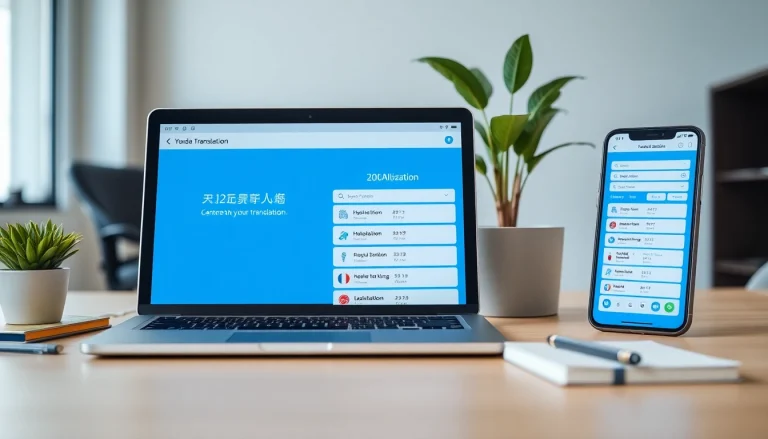 Youdao Translation Download interface shown on multiple devices in a modern workspace.