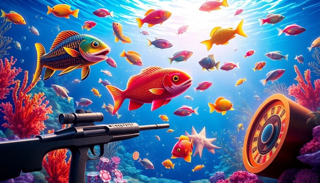 Embrace the excitement of bắn cá đổi thưởng as colorful fish swim in a vibrant underwater casino adventure.
