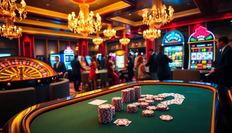 Experience exhilarating gambling action at S8 casino with vibrant poker tables and roulette wheels.
