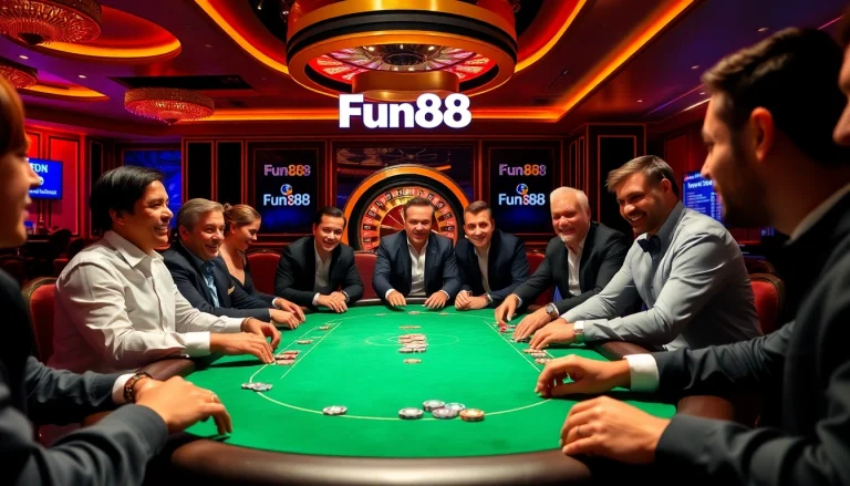 Enthusiastic players enjoy poker at Fun88 casino, showcasing excitement and luxury.