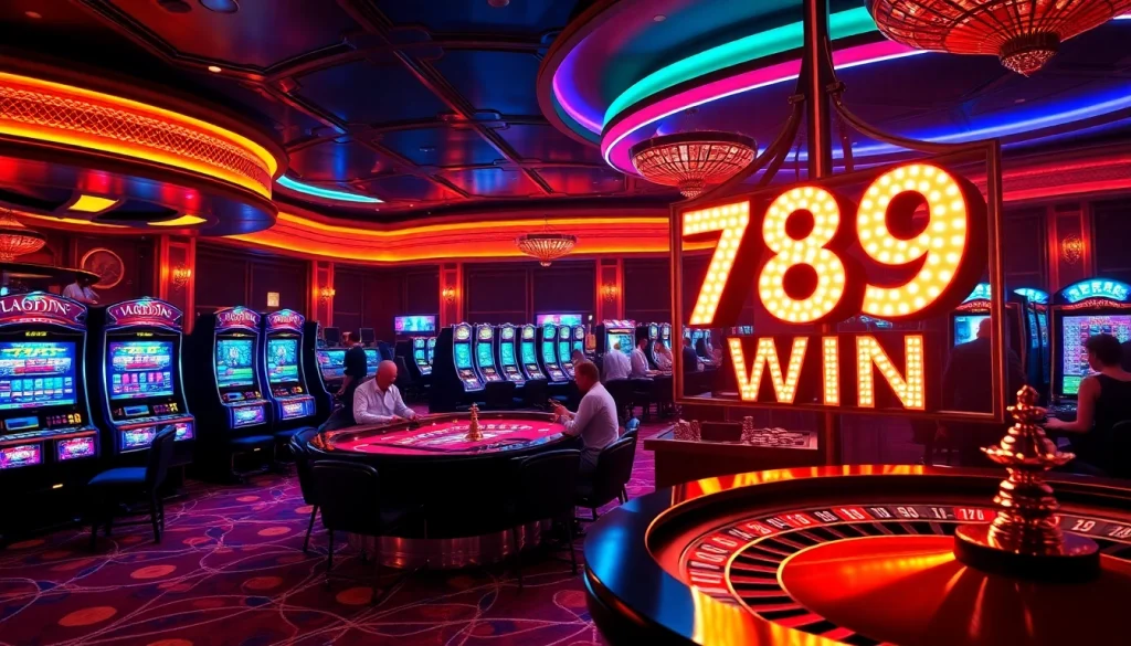 Experience the excitement of 789 win at a vibrant casino scene with dynamic gaming tables and festive atmosphere.