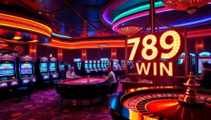 Experience the excitement of 789 win at a vibrant casino scene with dynamic gaming tables and festive atmosphere.