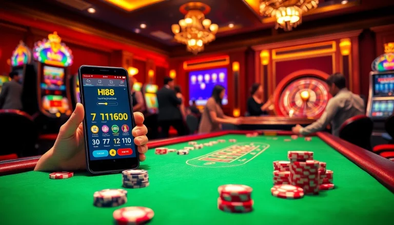 The Hi88 App interface displayed on a luxurious casino table surrounded by vibrant poker chips and engaging players.