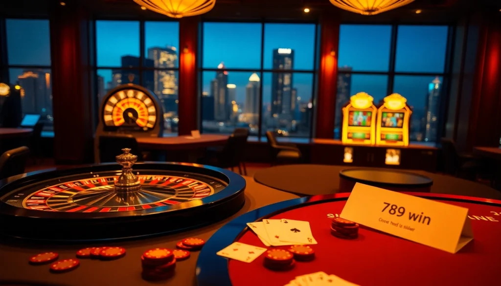 Experience the thrill of 789 win at a luxurious casino with vibrant roulette and poker tables.