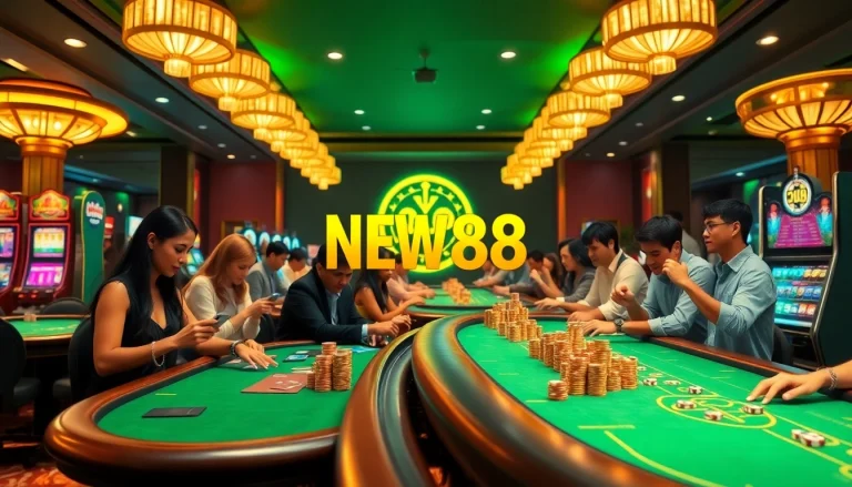 Experience the thrill of gambling at NEW88 with vibrant casino tables and poker action.