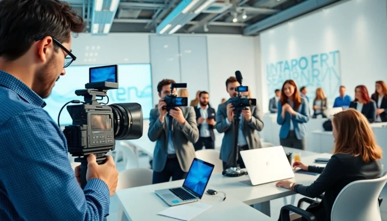 Capture of a corporate video production team engaged in filming with professionalism and focus.