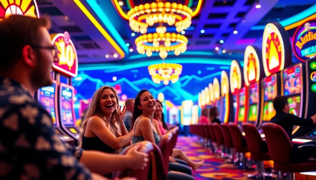 Players enjoying the best online casinos Alabama with vibrant slot machines and lively games.