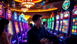 Players enjoying slot bet kecil in a luxurious casino atmosphere with vibrant machines.