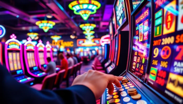 Menangkan slot depo 1k dengan slot machine yang berkilauan di kasino yang ramai.