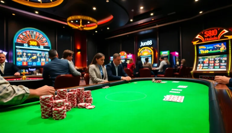 Exciting casino atmosphere with Jun88 branding featuring poker chips, cards, and a roulette wheel.