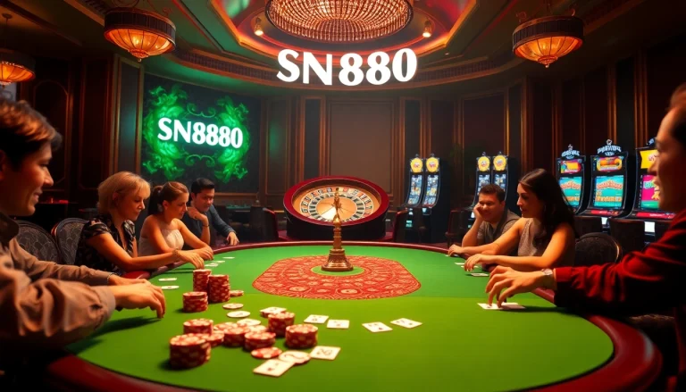 Players engaging with SN888 at a luxurious poker table filled with chips and cards.