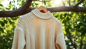 Showcase artisanal clothing at https://www.ound-ound.com featuring hand-knitted textures in a natural setting.