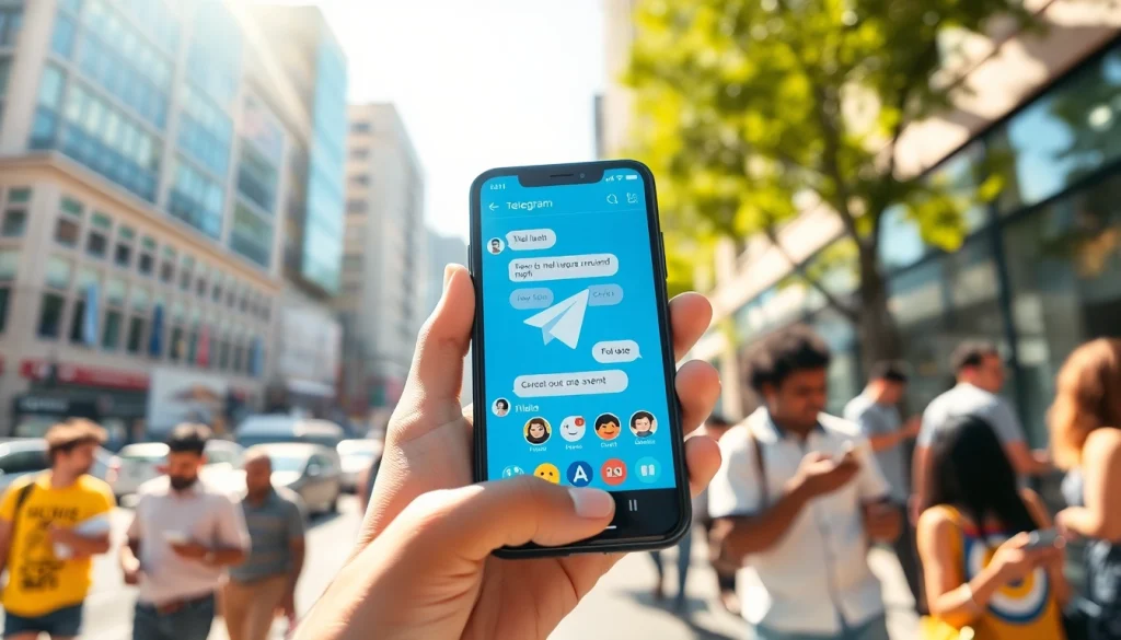 Experience seamless communication with 电报下载 showcased on a smartphone, highlighting Telegram's user-friendly interface in an urban setting.