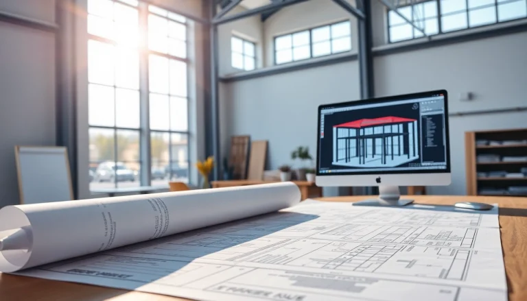 Designing a steel structure design in a professional architectural studio with blueprints.