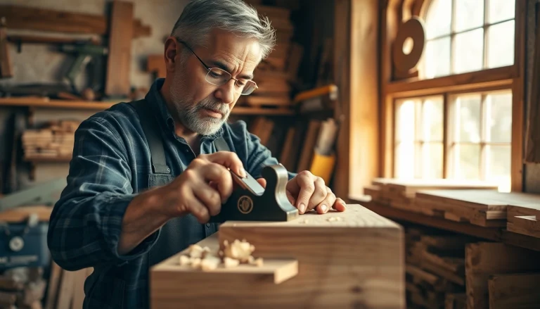 Carpentry Apprenticeship Near Me: A skilled carpenter working on wood in a well-lit workshop.