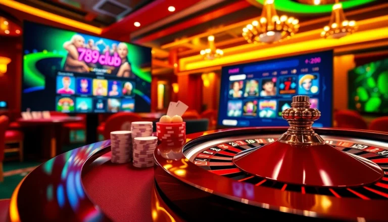 Engage with the link vào 789club through a captivating casino scene showcasing roulette and poker.