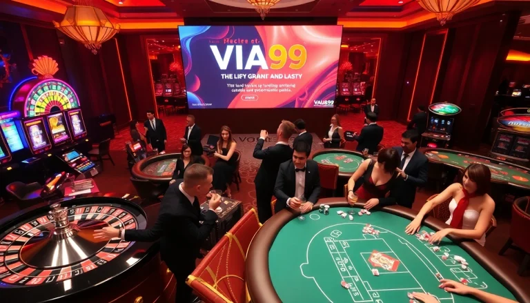Experience the excitement of gambling at VUA99, featuring vibrant game tables and slot machines.