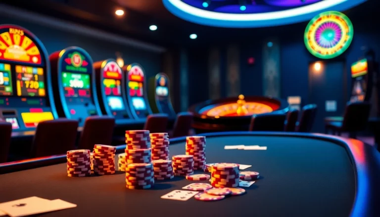 KJC online gambling scene with poker table, vibrant slot machines, and roulette wheel.
