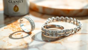 Showcasing platinum jewelry with intricate designs and smooth textures against a marbled background.