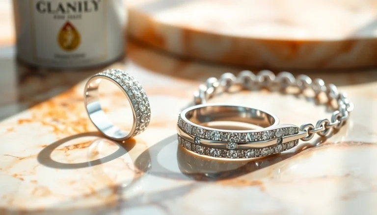 Showcasing platinum jewelry with intricate designs and smooth textures against a marbled background.