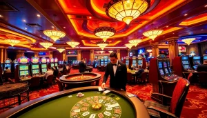 Excited gamblers at MM88 casino, celebrating wins at roulette and blackjack tables.