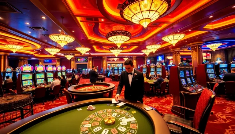 Excited gamblers at MM88 casino, celebrating wins at roulette and blackjack tables.