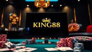 Experience the excitement of nhà cái king88 with high-stakes gambling visuals, including poker chips and cards.