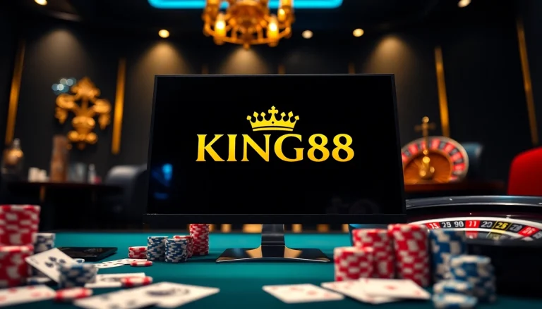 Experience the excitement of nhà cái king88 with high-stakes gambling visuals, including poker chips and cards.