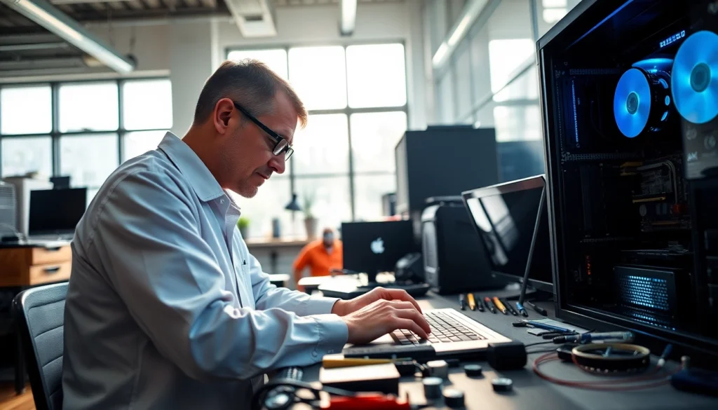 Technician providing computer repair services in a bright and organized tech workshop.
