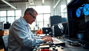 Technician providing computer repair services in a bright and organized tech workshop.