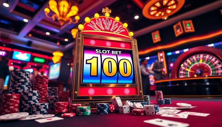 Winning excitement at a casino featuring the slot bet 100 machine amidst vibrant lights and lively players.