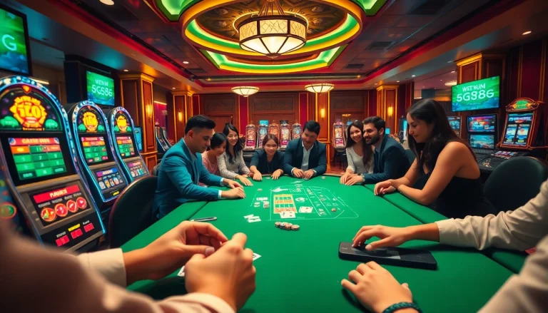 Engaging scene at https://gg88.biz/ showcasing excited gamblers at upscale casino tables with vibrant slot machines.