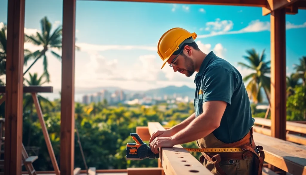 Skilled tradesperson at trade schools oahu measuring wood in a vibrant Hawaiian setting.