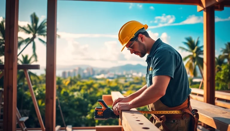 Skilled tradesperson at trade schools oahu measuring wood in a vibrant Hawaiian setting.