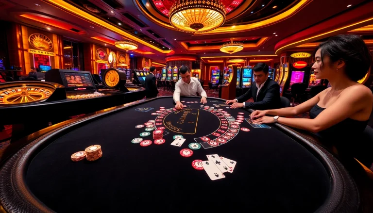 Engaging players strategizing at sinbet.ink's luxurious poker table in a vibrant casino setting.