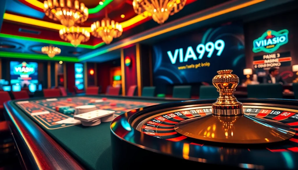 Gamble with VUA99 at an elegant casino showcasing exciting gaming tables and online betting.