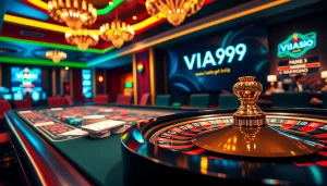 Gamble with VUA99 at an elegant casino showcasing exciting gaming tables and online betting.