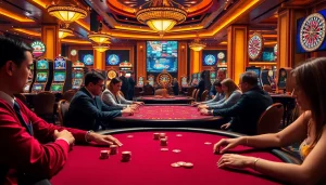 Exciting high-stakes poker game at https://topclub.space/ featuring illuminated casino tables, chips, and roulette wheels.