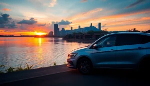 Experience car hire in Kuching with a scenic river view and modern rental car at sunset.