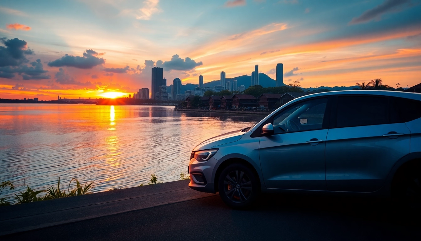 Experience car hire in Kuching with a scenic river view and modern rental car at sunset.