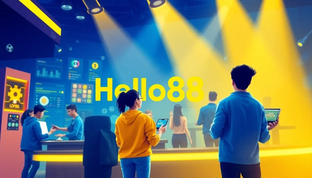 Hello88 online betting platform promotional poster showcasing vibrant colors and digital gaming elements.