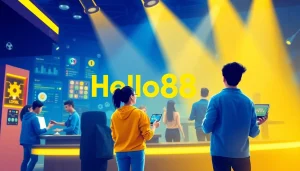 Hello88 online betting platform promotional poster showcasing vibrant colors and digital gaming elements.
