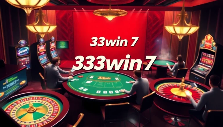 Engaging scene at 33win 7 online casino featuring poker tables and vibrant slot machines.