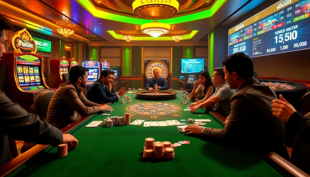 Exciting poker action at vn88 casino with chips, cards, and vibrant slot machines.