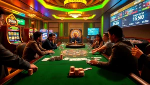 Exciting poker action at vn88 casino with chips, cards, and vibrant slot machines.
